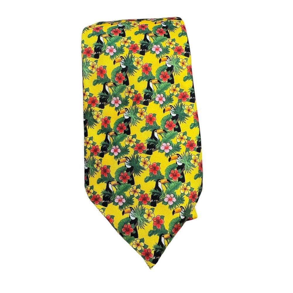 Altea Tie 100% SILK Yellow Toucan‎ Multicolor ITALY MADE Resort Luau Tropical